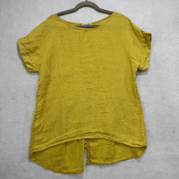 Terzo Millennio Shirt Womens Medium Yellow Linen High Low Button Back Italy - Picture 1 of 8